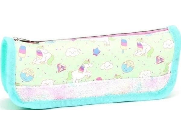 Small tube pencil case Unicorns glitter celadon