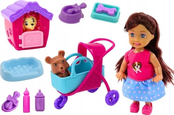 LeanToys Dukke med Hunder Hundedukke Kennel Tilbehør Rosa Valp 16 stk.