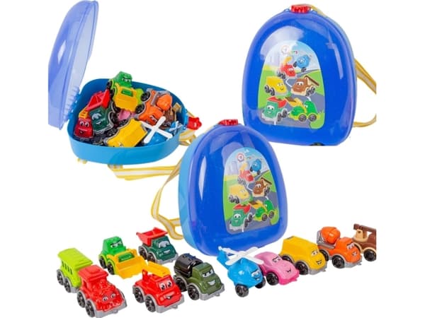 Sett med biler, transportmidler, biler, tog, helikopter, bergingsbil, ryggsekk