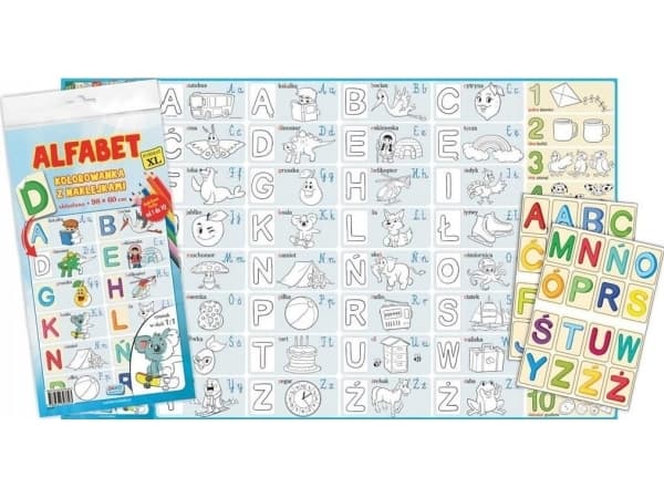 Forlag: Jako Coloring Book XL med klistremerker. Alfabet
