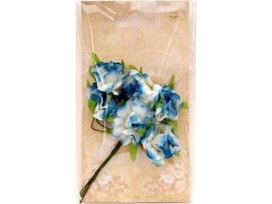 Stoffblomster blå og hvit 3cm 6stk