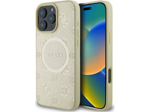 Guess Saffiano Peony Stamp MagSafe Apple iPhone 16 Pro Max kotelo kultainen