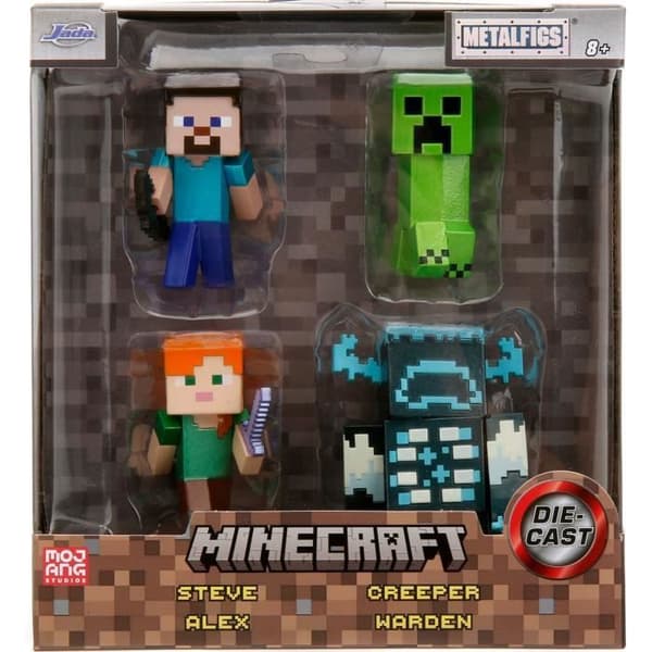 Minecraft metallfigurset Steve Alex Creeper Warden 6 cm