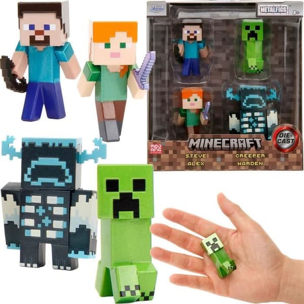 Minecraft metallfigurset Steve Alex Creeper Warden 6 cm