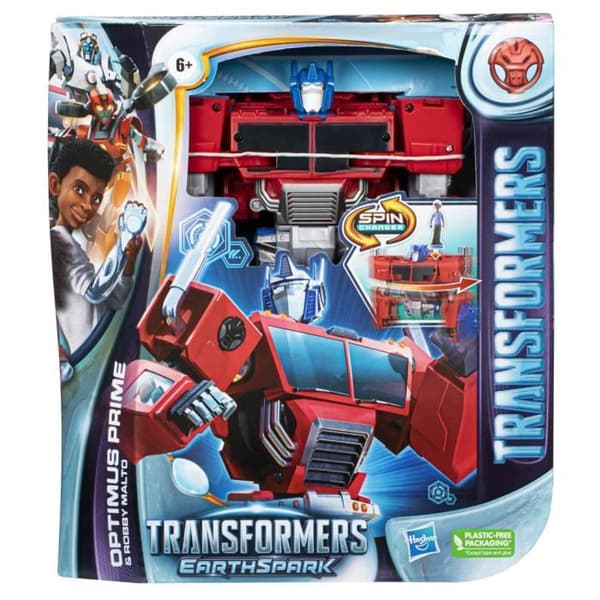 Transformers EarthSpark Spin Changer Optimus Prime 8-tums figur med 2-tums Robby Malto