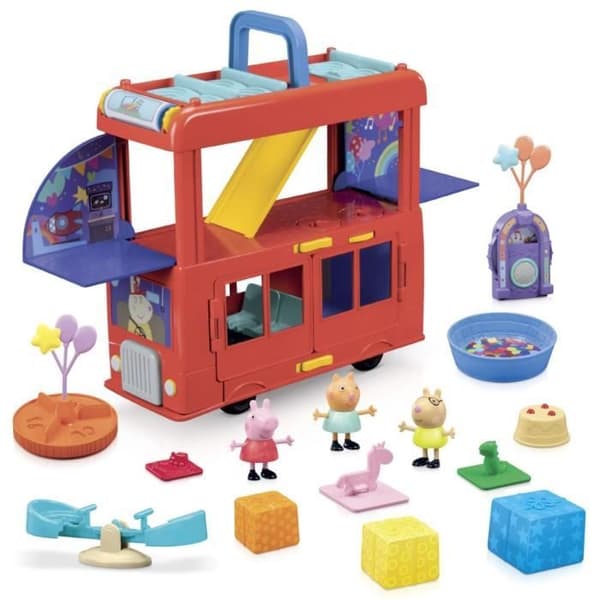 Peppa Pig, 2 i 1 Party Bus set med 3 figurer och 13 tillbehör, förskoleleksaker för flickor och pojkar, från 3 år