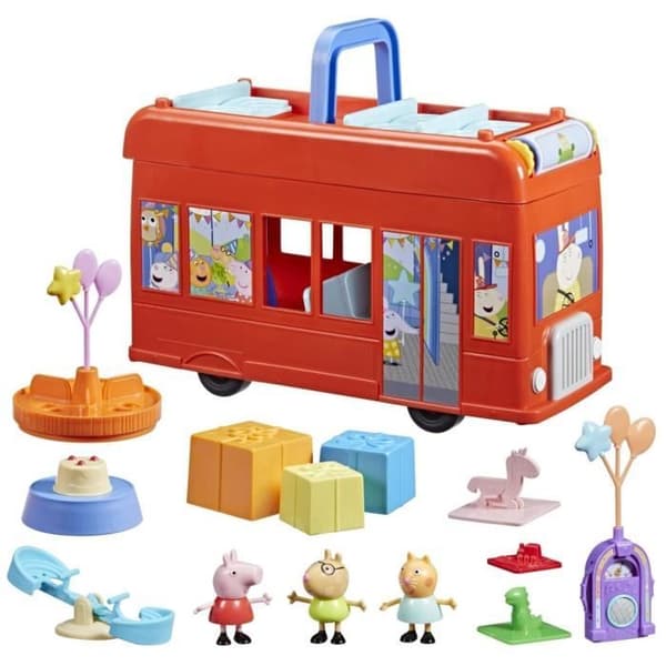 Peppa Pig, 2 i 1 Party Bus set med 3 figurer och 13 tillbehör, förskoleleksaker för flickor och pojkar, från 3 år