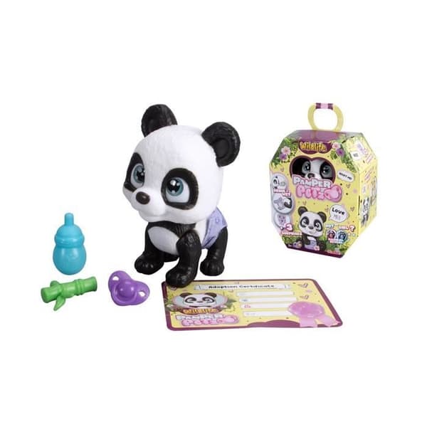 Smoby - Skäm bort Petz - Panda för adoption - 4 tillbehör - Ledad - Trä och kiss - Adoptionscertifikat - från 3 år och uppåt