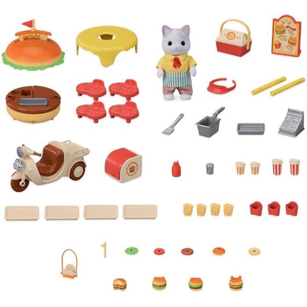 Catering Game - SYLVANIAN FAMILIES - Hamburgerställ - Papa Latte Cat and Scooter