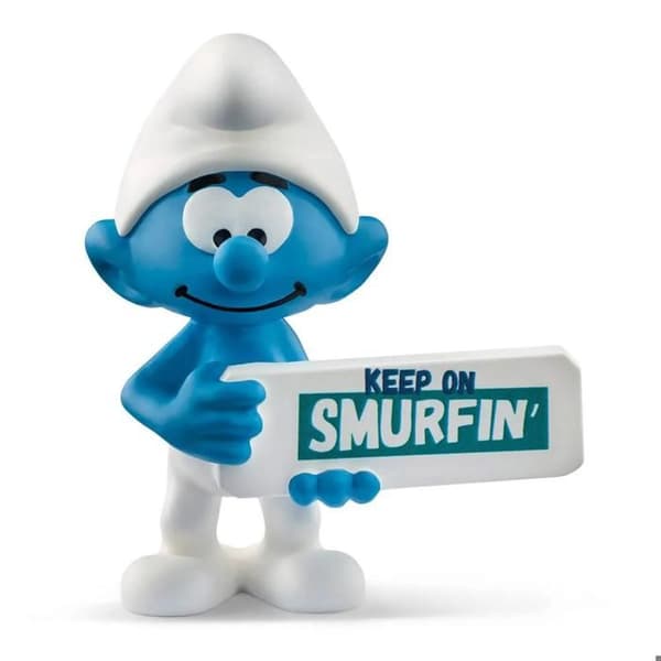 Figur till Schtroumpf och hans Smurfin-skylt