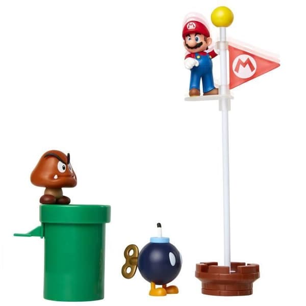 Kartong med 5 MARIOBROS-figurer Grand Oak Plain-tema - Mario, Goomba, bomb, flagga ingår