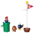 Miniatyrbild 4 av 4: Kartong med 5 MARIOBROS-figurer Grand Oak Plain-tema - Mario, Goomba, bomb, flagga ingår