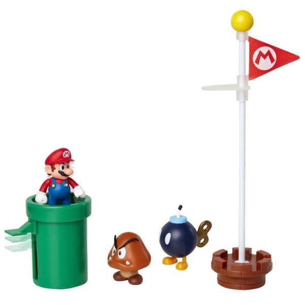 Kartong med 5 MARIOBROS-figurer Grand Oak Plain-tema - Mario, Goomba, bomb, flagga ingår