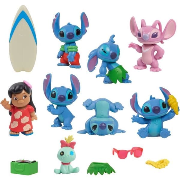 Figurer och tillbehör - LICENS / STITCH - Deluxe box set - 13 figurer och tillbehör, Stitch i 5 poser, surfbräda