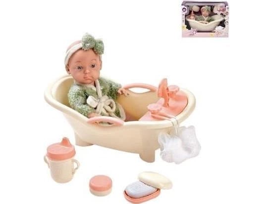 Babydukke 22cm i badekar med tilbehør