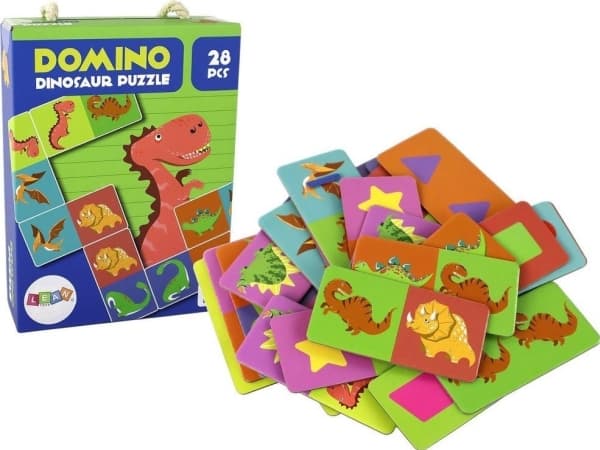 LeanToys Logic Game Dobbeltsidig puslespill Domino Dinosaurer 10cm x 5cm 28 brikker.