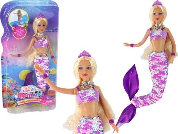 LeanToys sjöjungfrudocka Lila långt blont hår sjöjungfrusvans paljetter