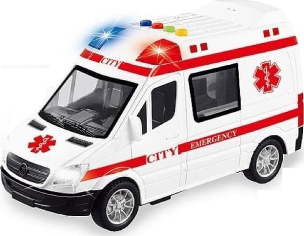 Ambulanse med åpne dører, lys, lyd