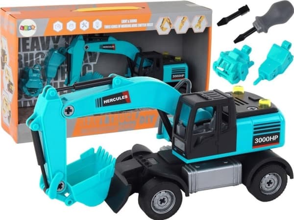 LeanToys DIY Blå grävmaskin Byggfordon Borrigg Gripare