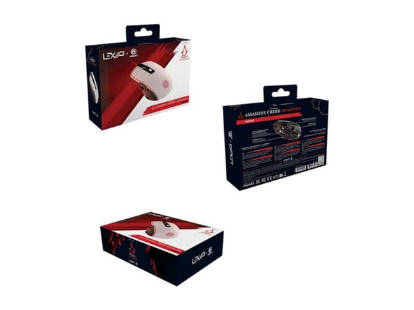 Lexip X Ubisoft - Assassin's Creed Shadows - mus - med tumsticka och keramiska skates - optisk - 4 knappar - kabelansluten - vit, röd, svart, guld -