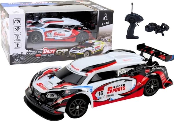 RC urheiluauto 1:16 Drift vaihdettavat pyörät valkoinen ja punainen