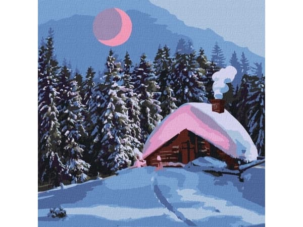 Målning efter nummer - Snöig stuga 40x40cm