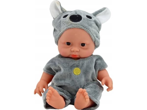 LeanToys liten babydukke, grå klær, koalahatt