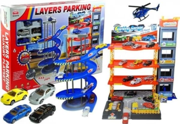 Lean Cars 4 Parkeringshus i plan med hiss. bilar, helikopter