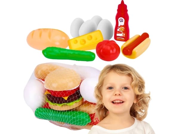 Set med livsmedelsprodukter att leka med i butiken Äta plast