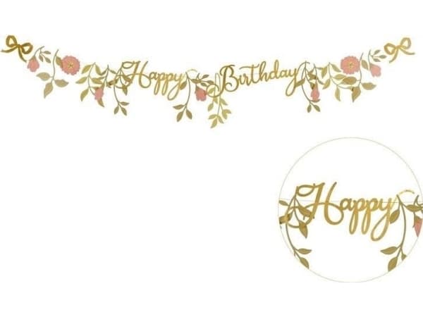 Baner Happy Birthday kwiaty różowo złote 1.3m