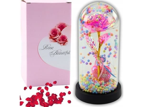 Eternal Rose in Dome med LED-belysning Rosa med hjerte og kuler
