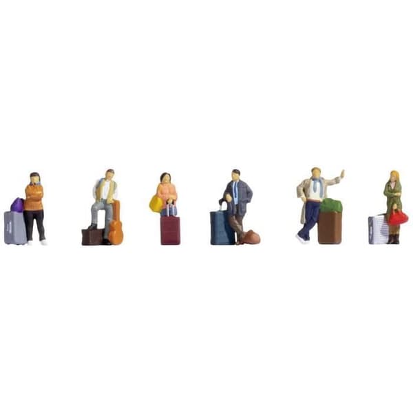 Leksak - NOCH - Färdiga resenärsmodeller - Sex figurer och olika bagage - Detaljerade stationsscener