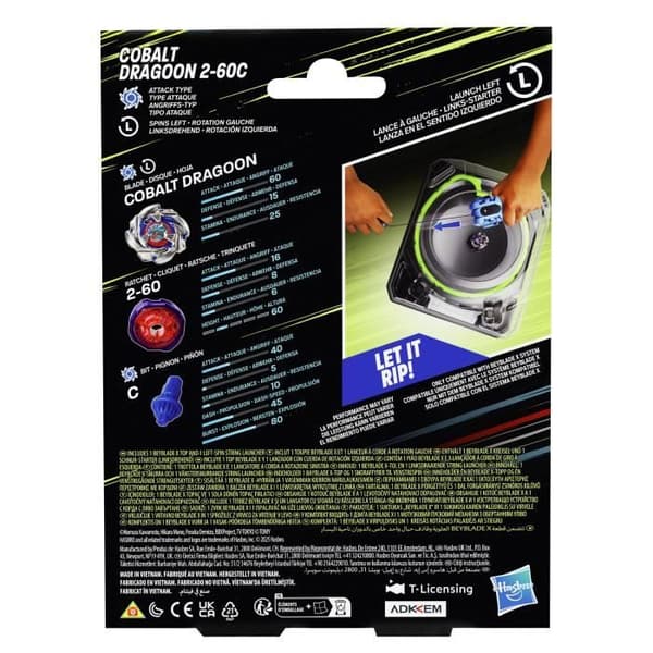 Beyblade X paket Cobalt Dragoon 2-60C med deluxe snöre launcher, vänstervridande topp, från 8 år.