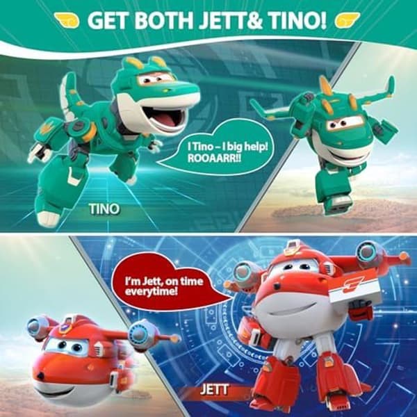 "Super Wings 5" Förvandlande Karaktärer 2-Pack Förvandlande Superladdad Jett + Tino, Transformersleksak för 3+ År Gammal Pojke Flicka"