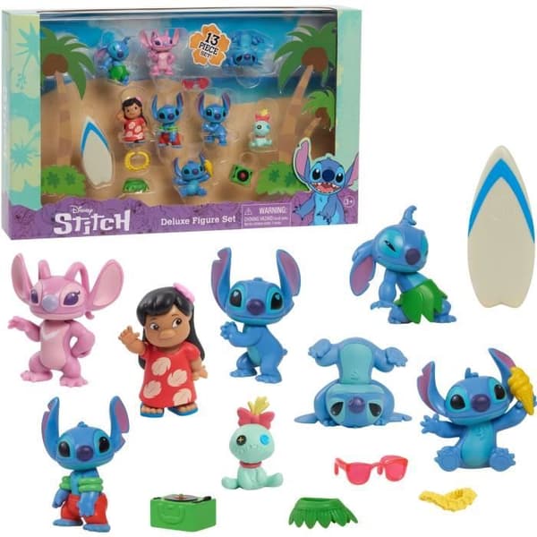 Figurer och tillbehör - LICENS / STITCH - Deluxe box set - 13 figurer och tillbehör, Stitch i 5 poser, surfbräda