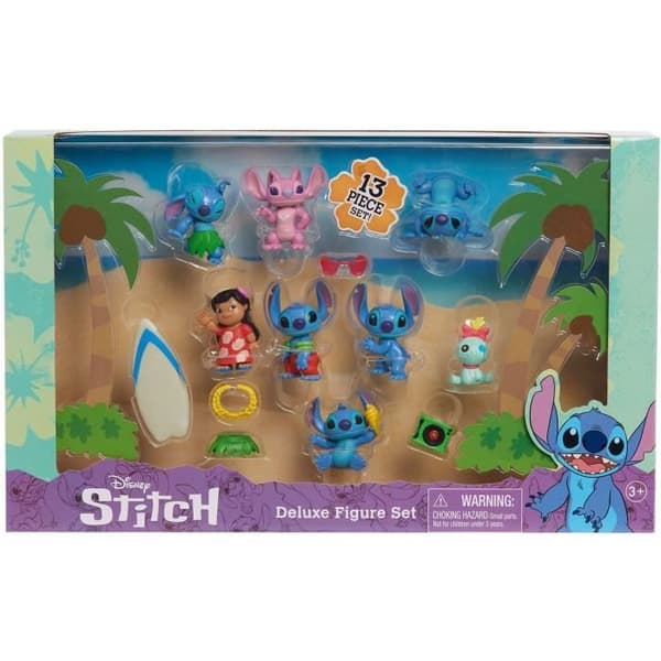 Figurer och tillbehör - LICENS / STITCH - Deluxe box set - 13 figurer och tillbehör, Stitch i 5 poser, surfbräda
