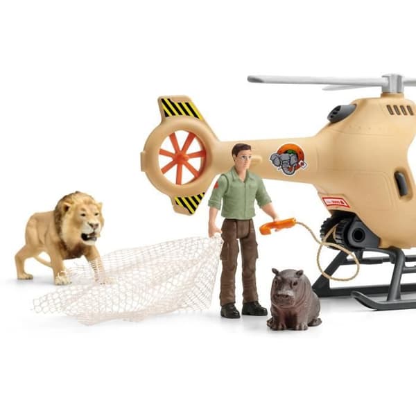 Helikopter för djurräddning, 8-delad box med lejon- och flodhästfigurer - Hållbar, rolig och lärorik leksak