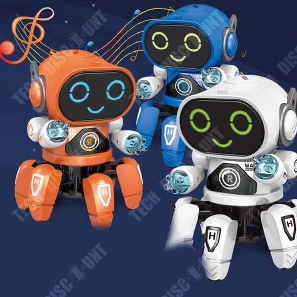 Dansande och blinkande elektrisk hexapod robotleksak med musik, orange pojke och flicka RC robotleksak för
