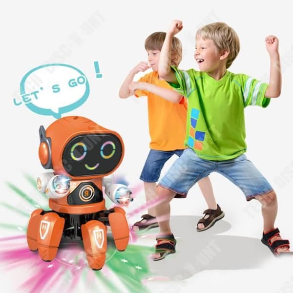 Dansande och blinkande elektrisk hexapod robotleksak med musik, orange pojke och flicka RC robotleksak för