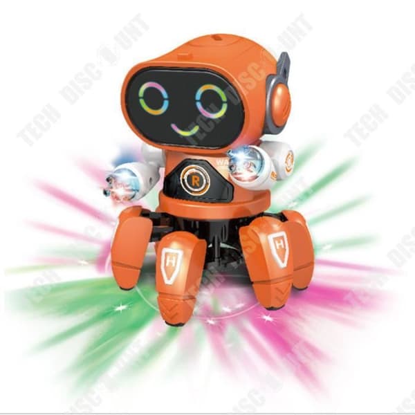 Dansande och blinkande elektrisk hexapod robotleksak med musik, orange pojke och flicka RC robotleksak för
