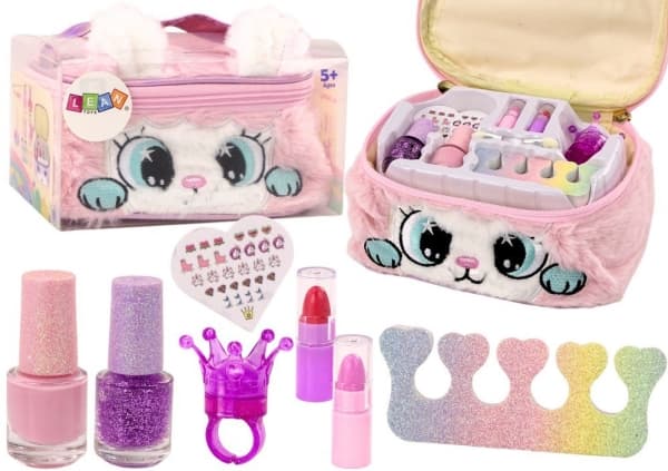 Lean Toys Skönhetsset med kosmetikväska i plysch och kattmotiv