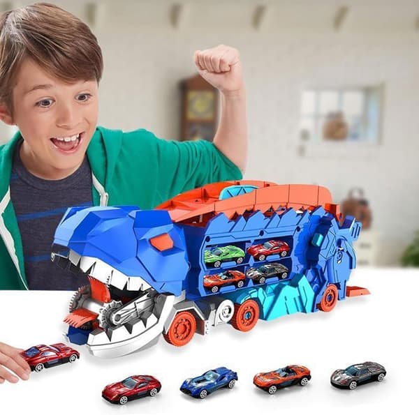 Dinosaurie Bilställ Bil, Stadstransportör Lastbil, Barnleksak - med Racingbana - Fällbar glidande - 12 Mini Bilar - Från 3 År