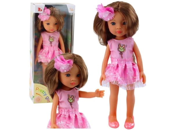 Doll In Pink Dress Langt Brunt Hår Hårklemme Blomst LEAN Leker