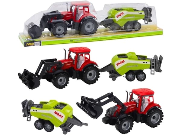 Lean Toys Set of Tractor with Loader and Agricultural Baler Raudona