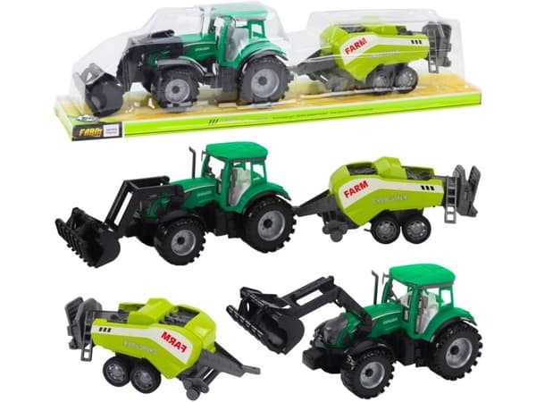 Lean Toys Set of tractor with loader and agricultural baler Žalias