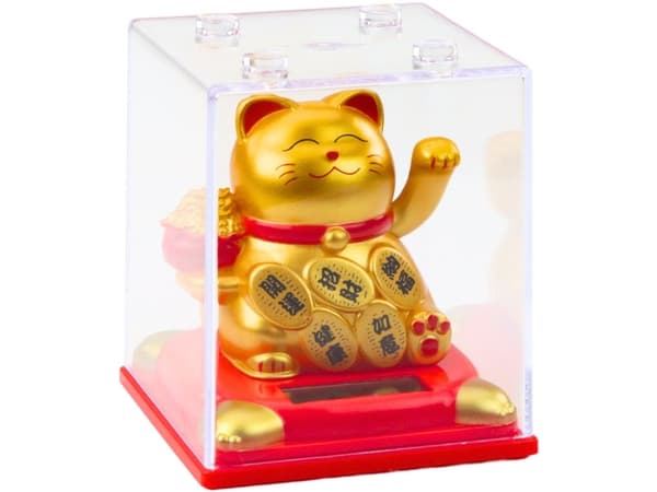 Kinesisk heldigkatt i utstillingsskap solcellefigur ornament gyllen