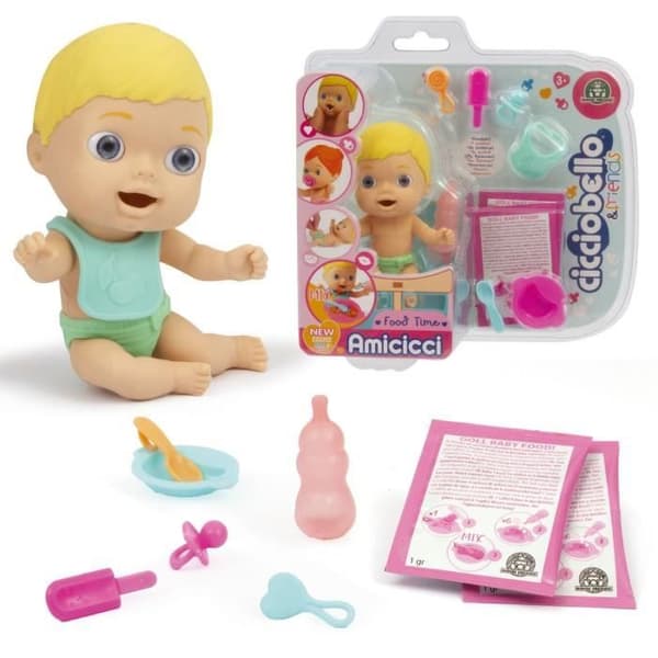 Cicciobello Amicicci, Baby med måltidsset och tillbehör, Blont hår pojkemodell, leksak för barn från 3 år, CC0221
