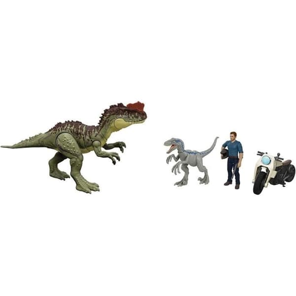 Box med 3 Jurassic World-figurer - Owen, Yangchuanosaurus och blå dinosaurier
