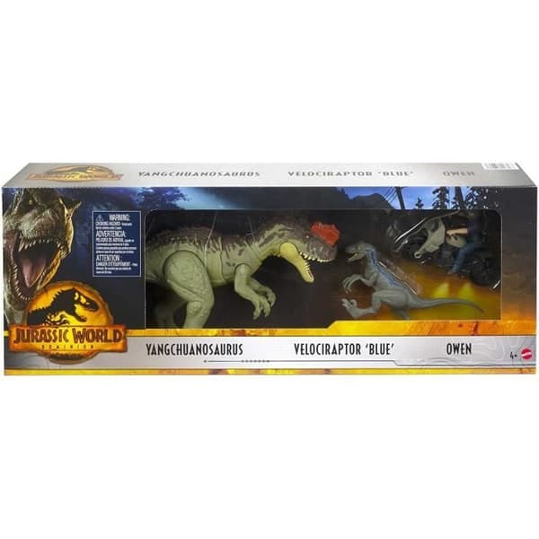 Box med 3 Jurassic World-figurer - Owen, Yangchuanosaurus och blå dinosaurier