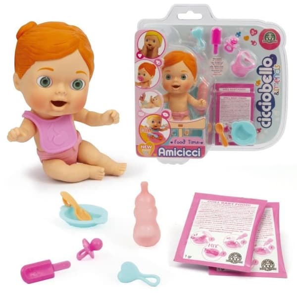 Cicciobello Amicicci, baby med måltidsset och tillbehör, flickmodell med rött hår, leksak för barn från 3 år, CC0222